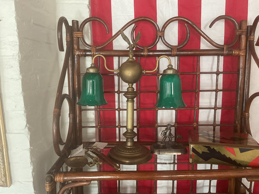 Antique Brass Double Lamp w/ Green Glass Shades and Eagle Finial