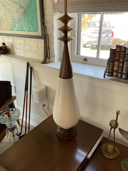 Large Porcelain and Wood Lamp Pair