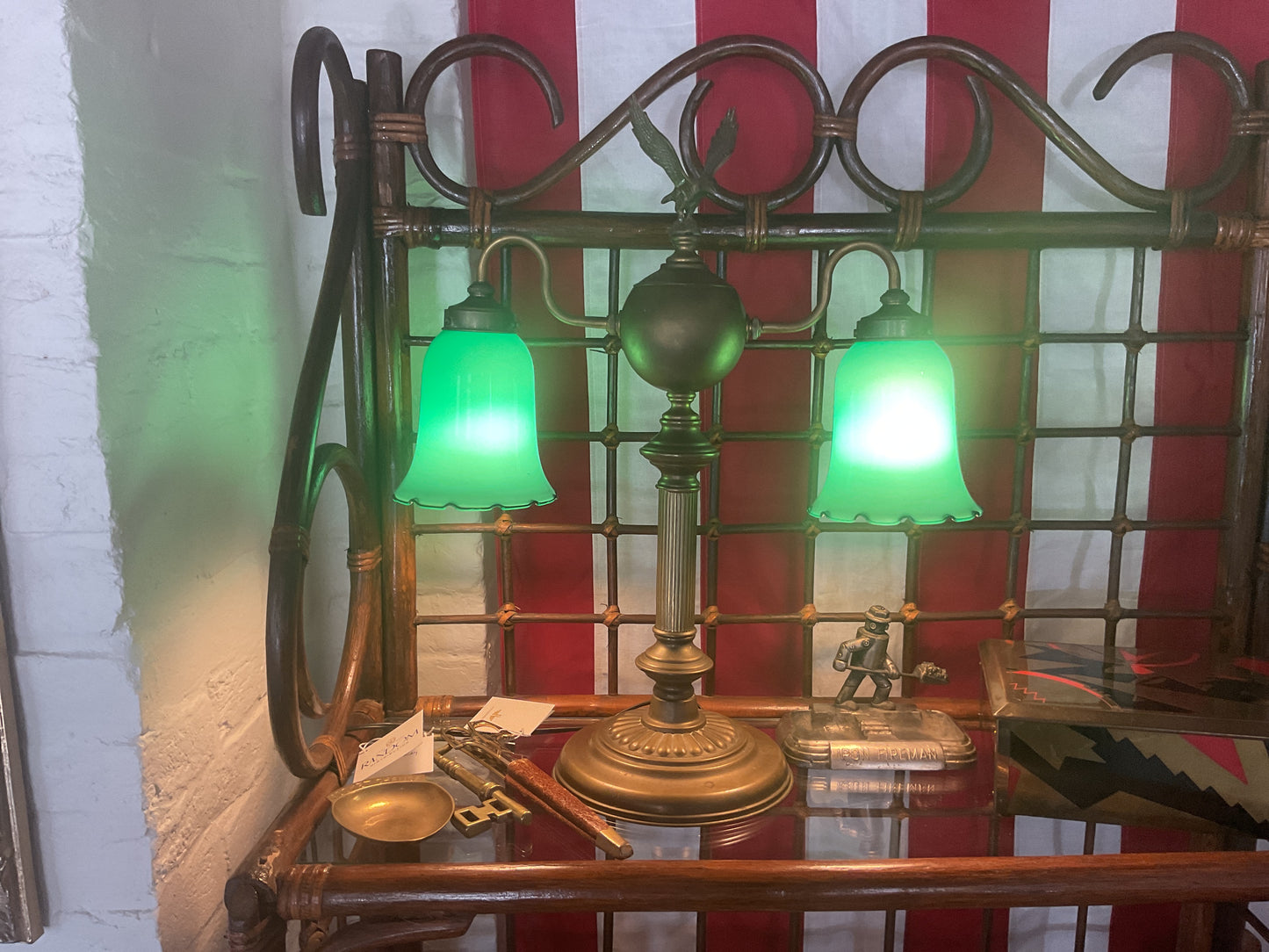 Antique Brass Double Lamp w/ Green Glass Shades and Eagle Finial